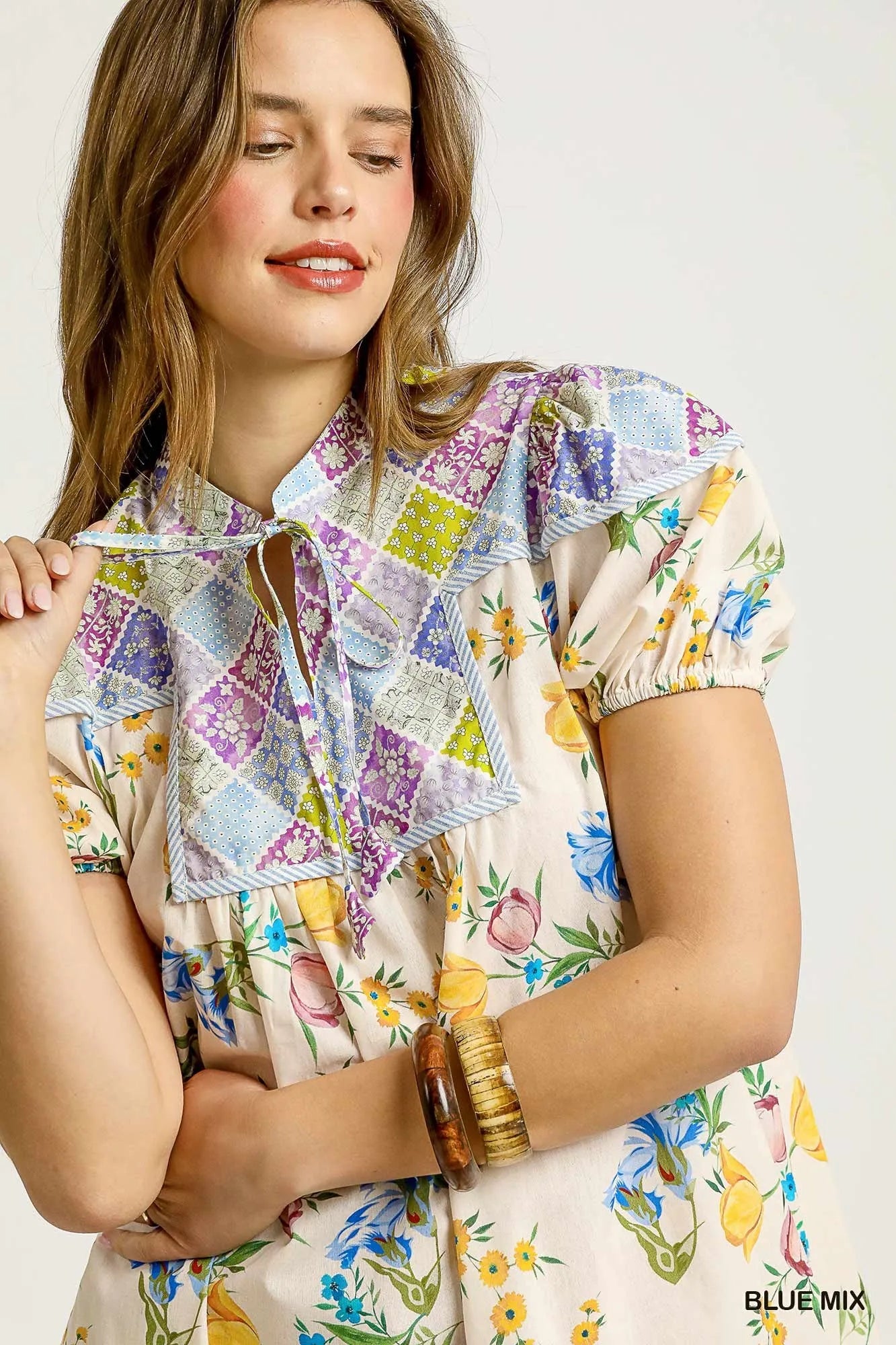 Image of Umgee Floral Print Tie Neck Puff Sleeve Dress | Queeble.shop