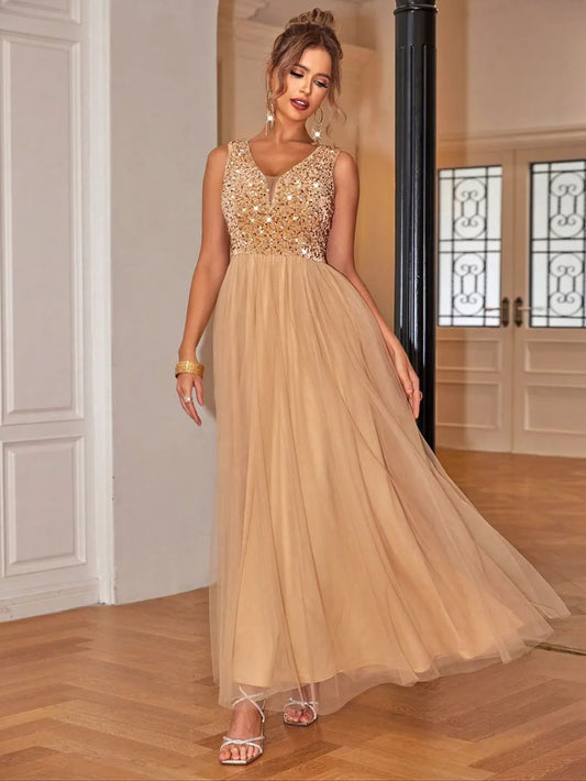 Image of Sequin V-Neck Sleeveless Dress | Queeble.shop