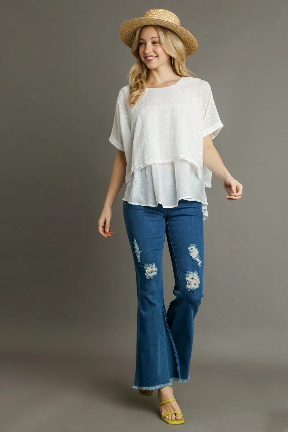 Image of Umgee Full Size Eyelet Layered Short Sleeve Blouse Plus Size | Queeble.shop