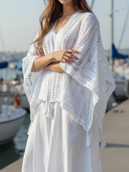 Image of Openwork Tassel Open Front Knit Cover Up | Queeble.shop