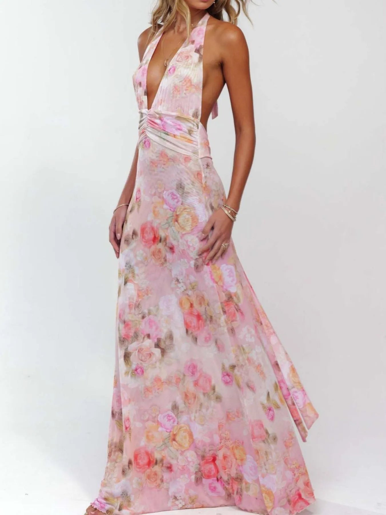 Image of Floral Halter Neck Deep V Maxi Dress | Queeble.shop