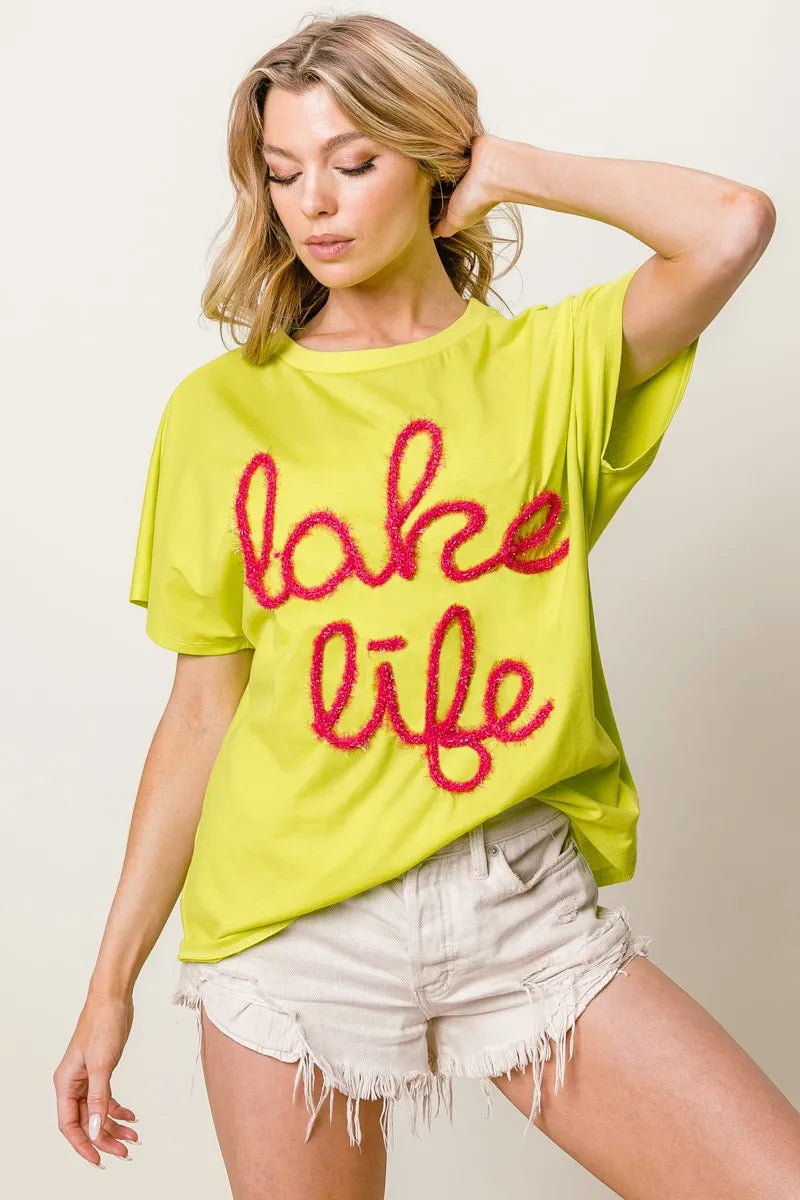 Image of BiBi Metallic Letter Short Dolman Sleeve Top | Queeble.shop