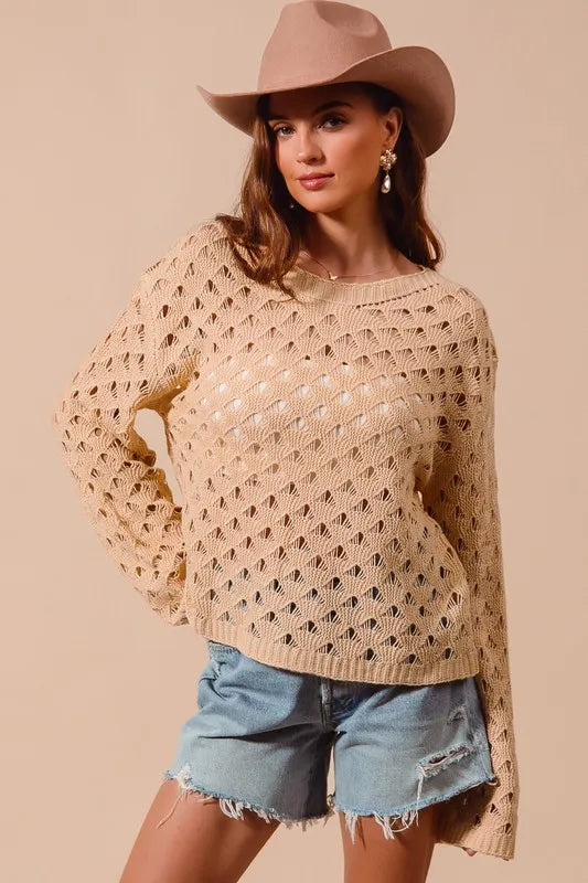 Image of SO ME Geometric Pattern Open Knit Lightweight Sweater | Queeble.shop