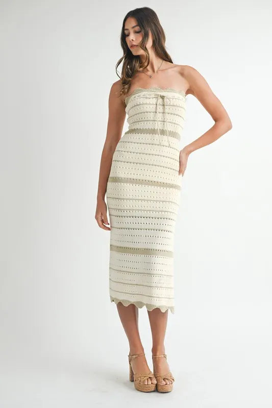 Image of MABLE Contrast Striped Crochet Knit Midi Dress | Queeble.shop