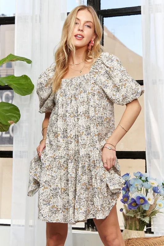 Image of ADORA Floral Square Neck Puff Sleeve Dress | Queeble.shop