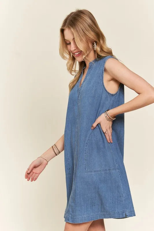 Image of ADORA Notched Sleeveless Denim Dress with Pockets | Queeble.shop