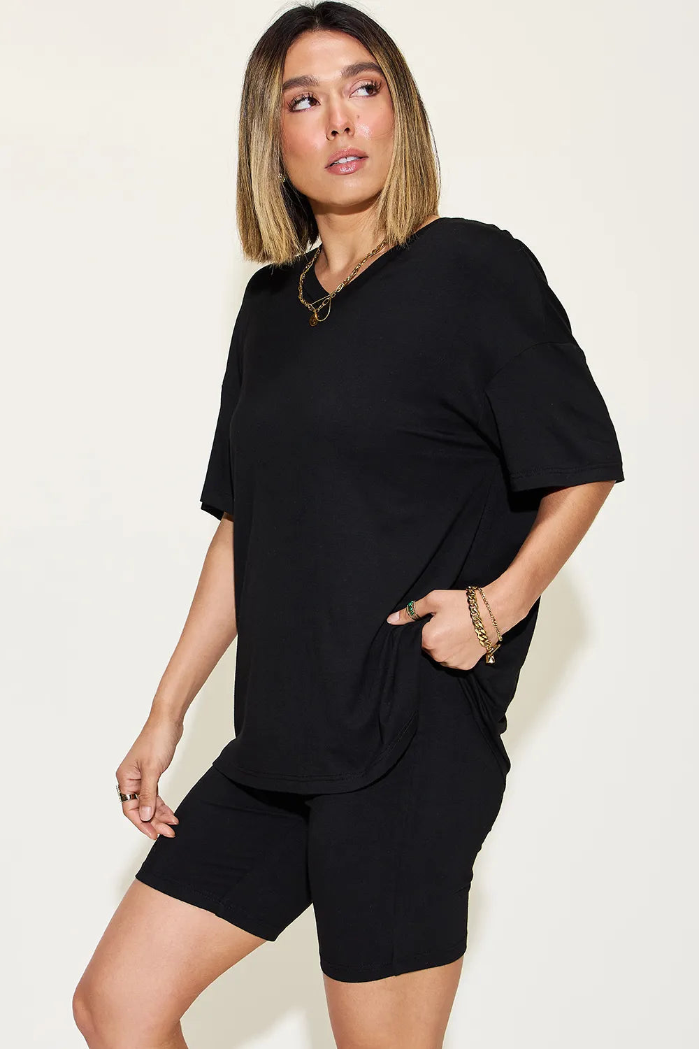 Image of Basic Bae Full Size V-Neck Drop Shoulder T-Shirt and Shorts Set | Queeble.shop