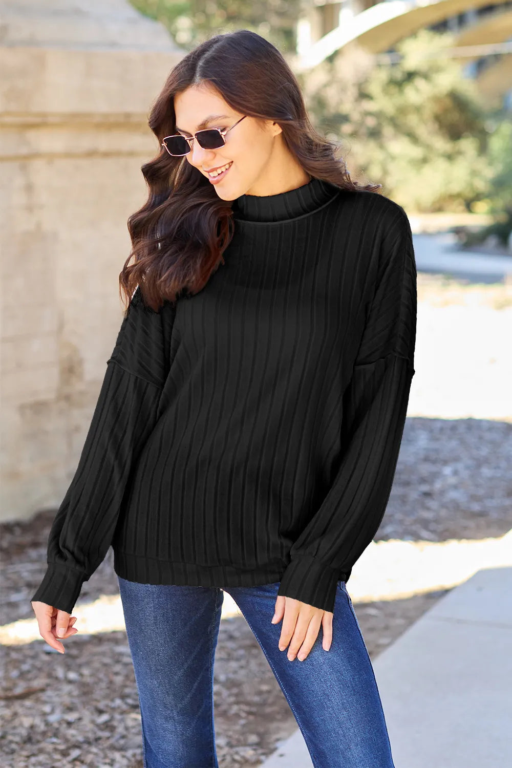 Image of Basic Bae Full Size Ribbed Exposed Seam Mock Neck Knit Top | Queeble.shop