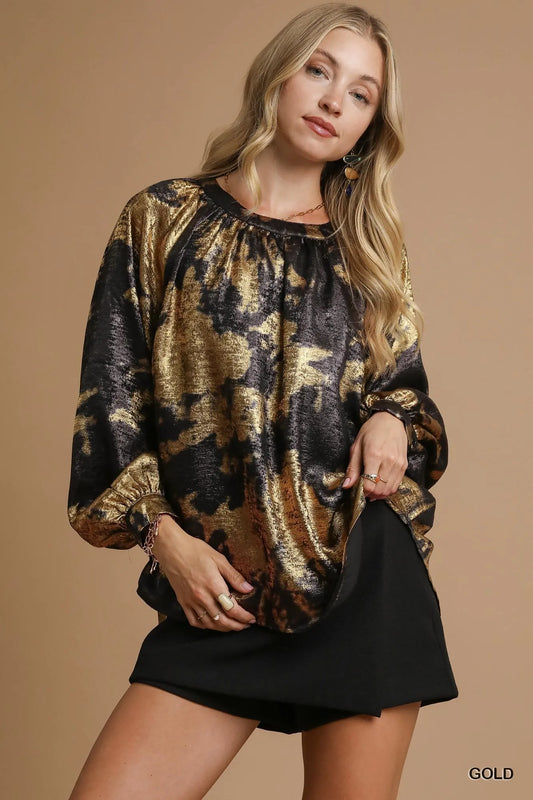 Image of Umgee Metallic Fabric Blouse with Balloon Sleeves | Queeble.shop