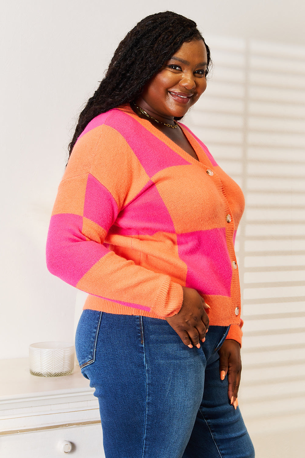 Image of Angel Wings Woven Right Checkered V-Neck Dropped Shoulder Cardigan | Queeble.shop