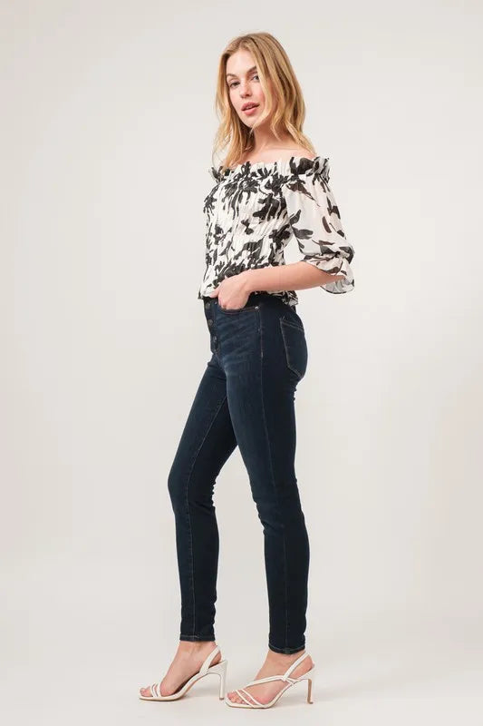 Image of And The Why Smocked Off-Shoulder Floral Printed Top | Queeble.shop