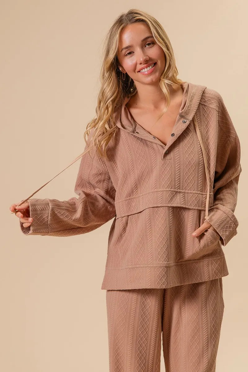 Image of BiBi Textured Knit Buttoned Hoodie Top | Queeble.shop