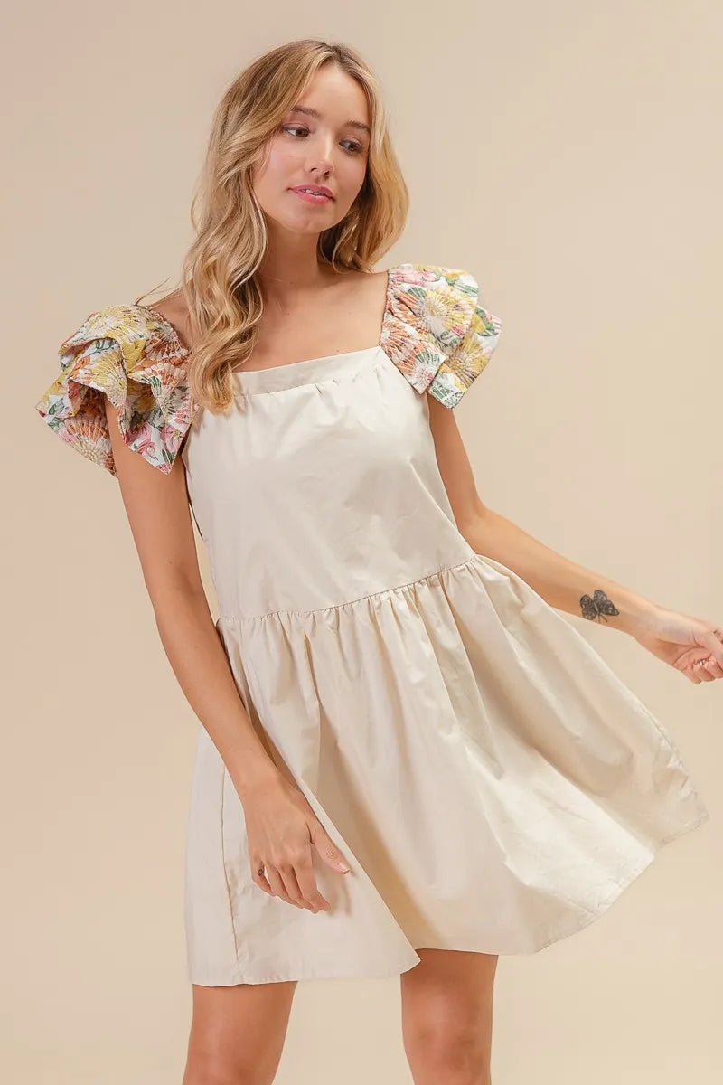 Image of BiBi Flower Embroidered Floral Print Sleeve Dress | Queeble.shop