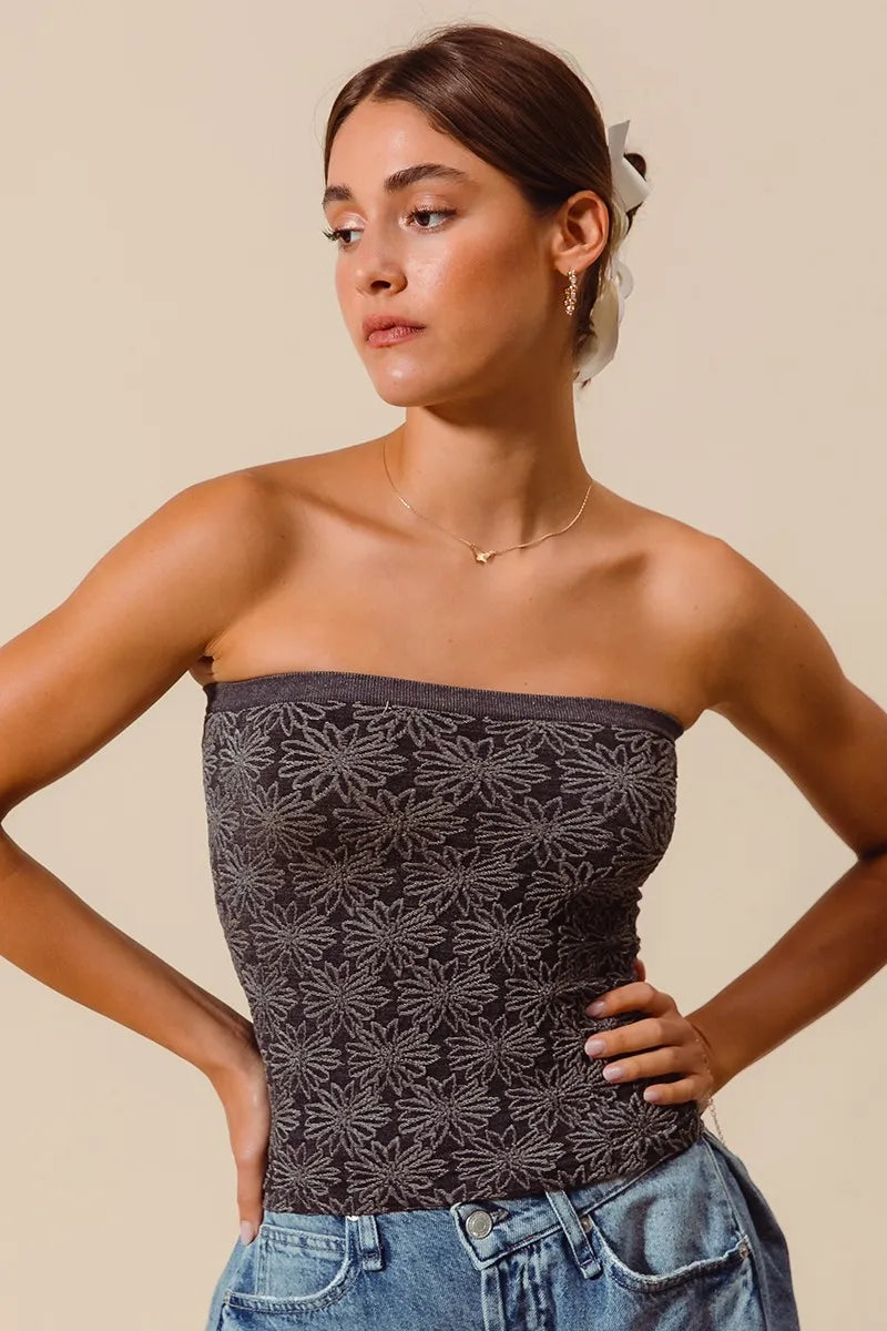 Image of SO ME Jacquard Floral Two Tone Seamless Tube Top | Queeble.shop