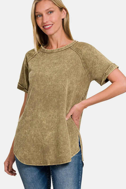 Image of Zenana Heathered Round Neck Short Sleeve Top | Queeble.shop