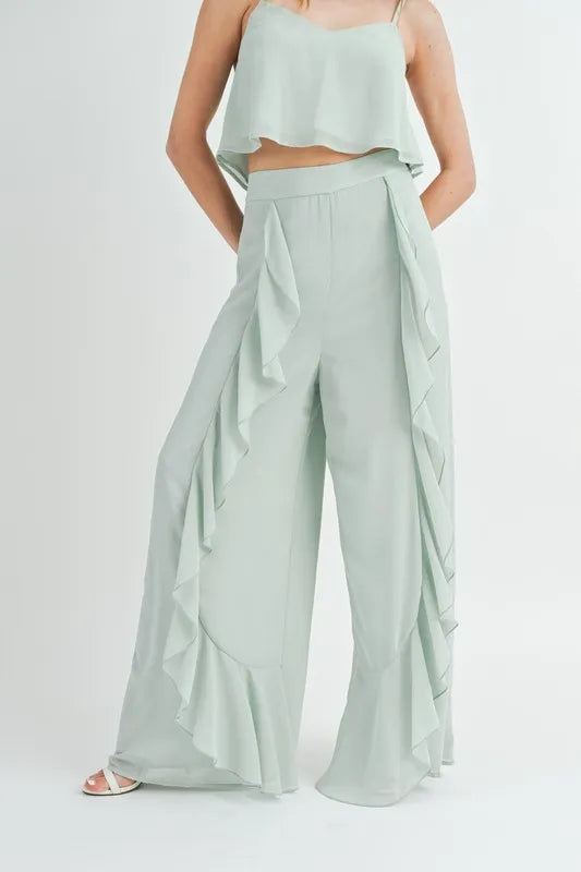 Image of MABLE Crop Cami and Ruffled Wide Leg Pants Set | Queeble.shop