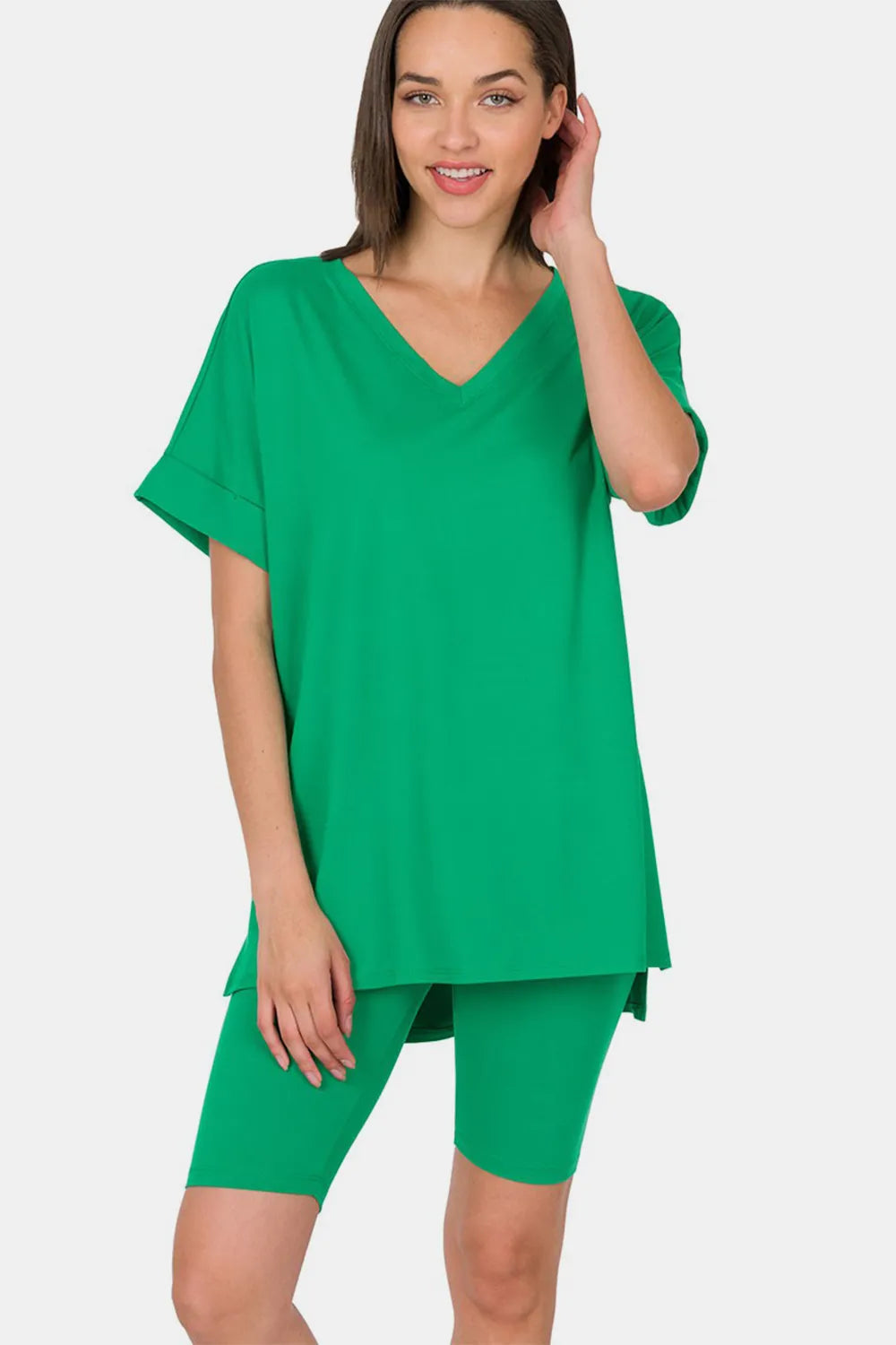 Image of Zenana V-Neck Short Sleeve T-Shirt and Biker Shorts Set | Queeble.shop