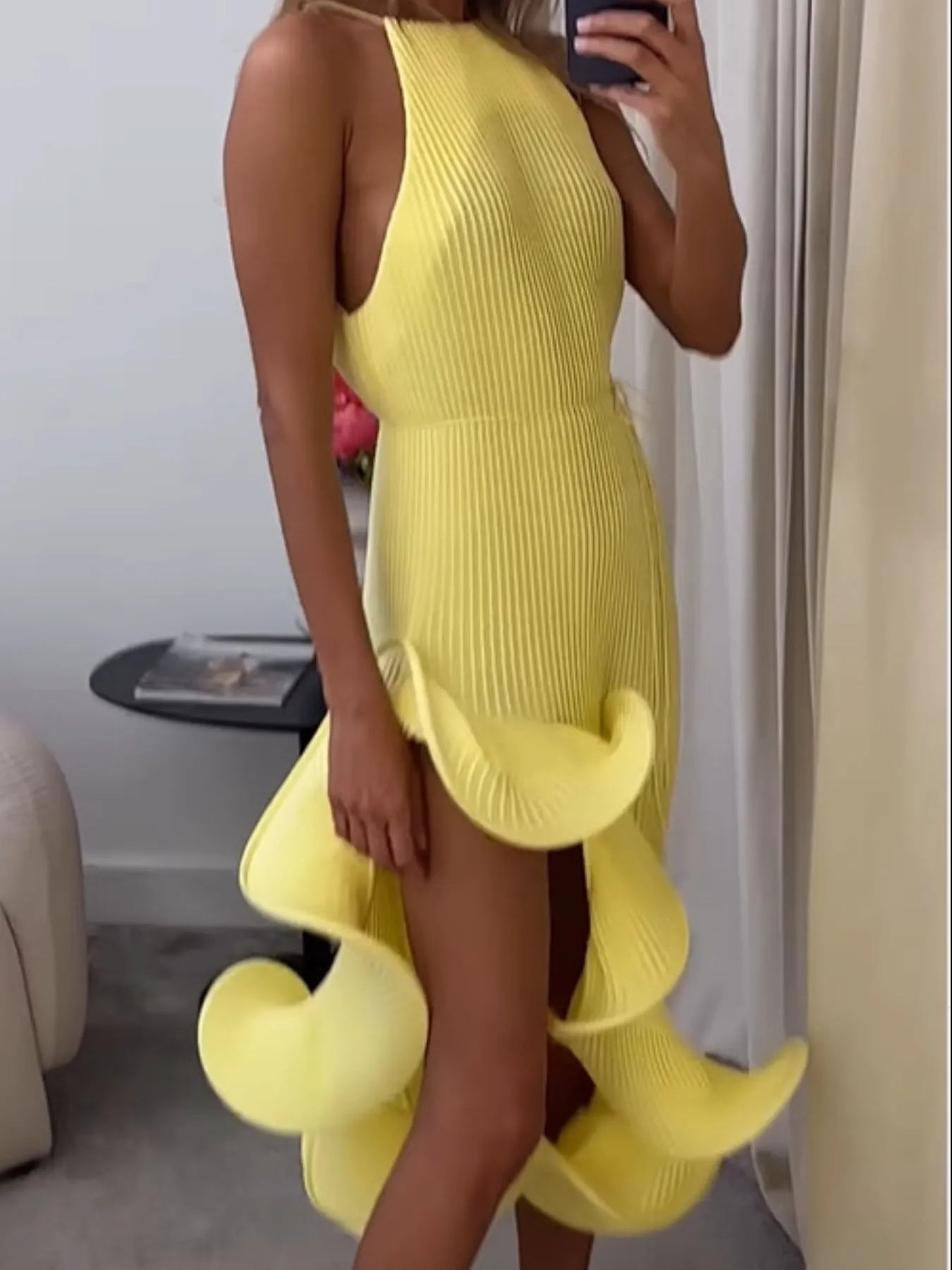 Image of Ruffle Hem Ribbed Sleeveless Dress | Queeble.shop