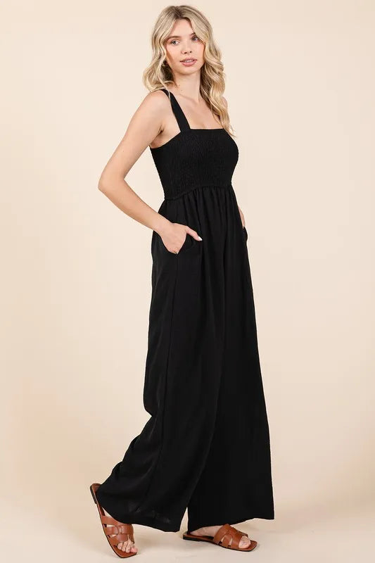 Image of Mittoshop Smocked Wide Strap Wide Leg Overalls | Queeble.shop