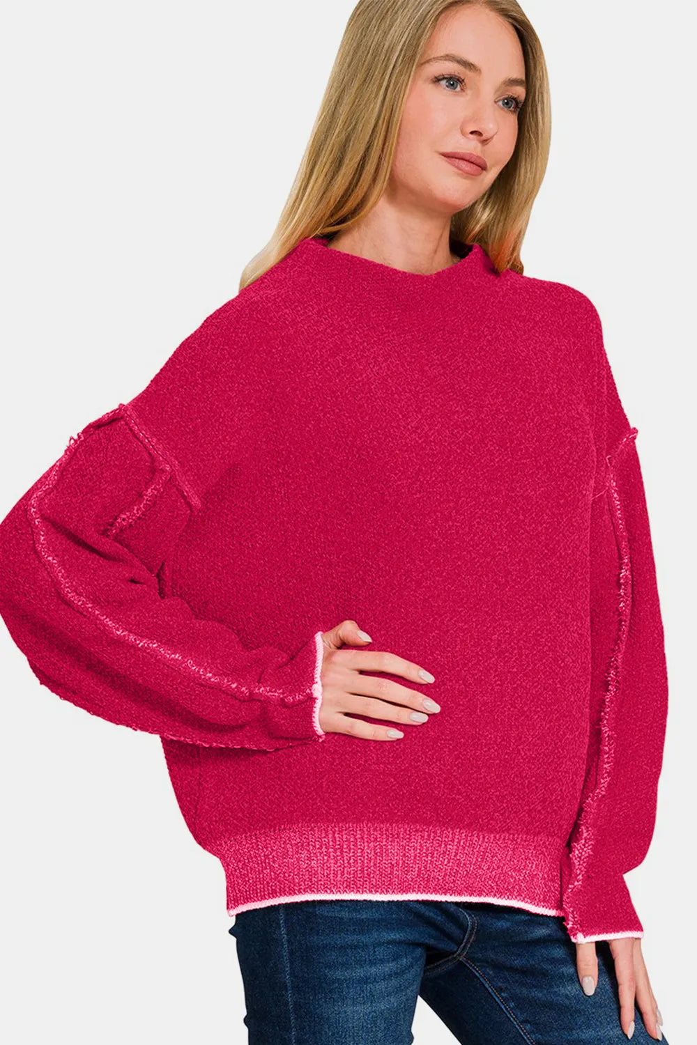 Image of Zenana Exposed Seam Mock Neck Long Sleeve Sweater | Queeble.shop