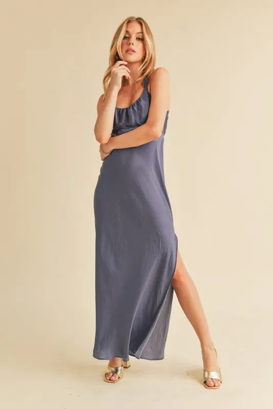 Image of Aemi + Co Ruched Side Slit Cutout Back Maxi Cami Dress | Queeble.shop