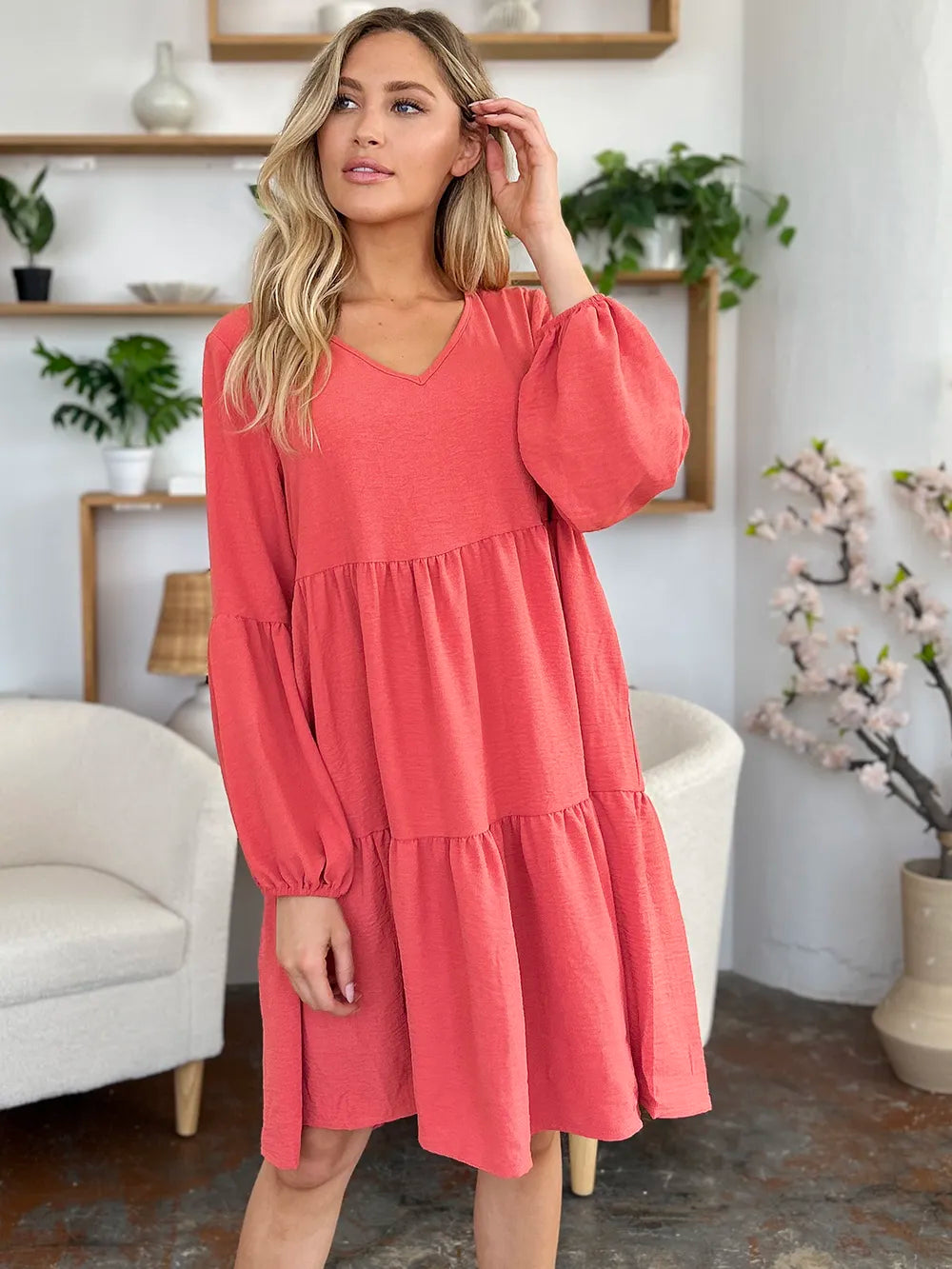 Image of Double Take Full Size V-Neck Balloon Sleeve Tiered Dress with Pockets | Queeble.shop
