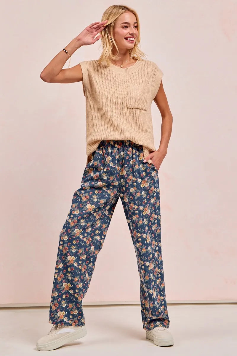 Image of BiBi Washed Floral Print Wide Leg Jeans | Queeble.shop