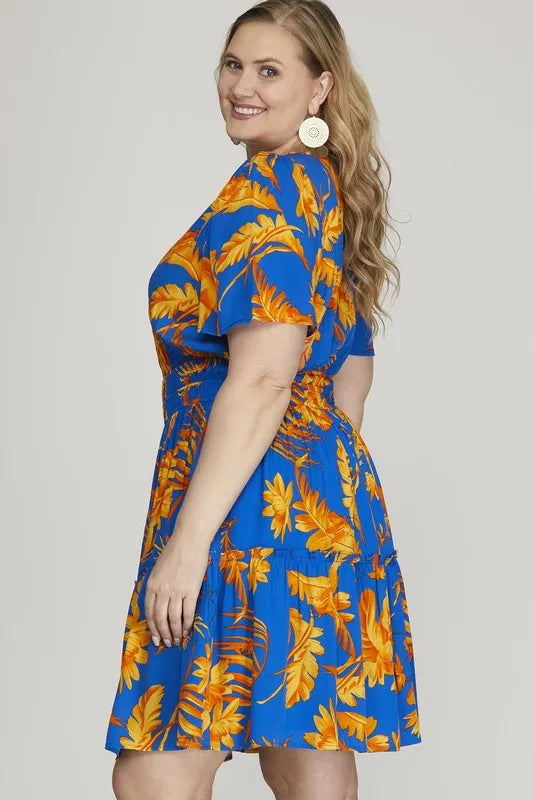 Image of She + Sky Full Size Printed Notched Short Sleeve Frill Tiered Dress Plus Size | Queeble.shop