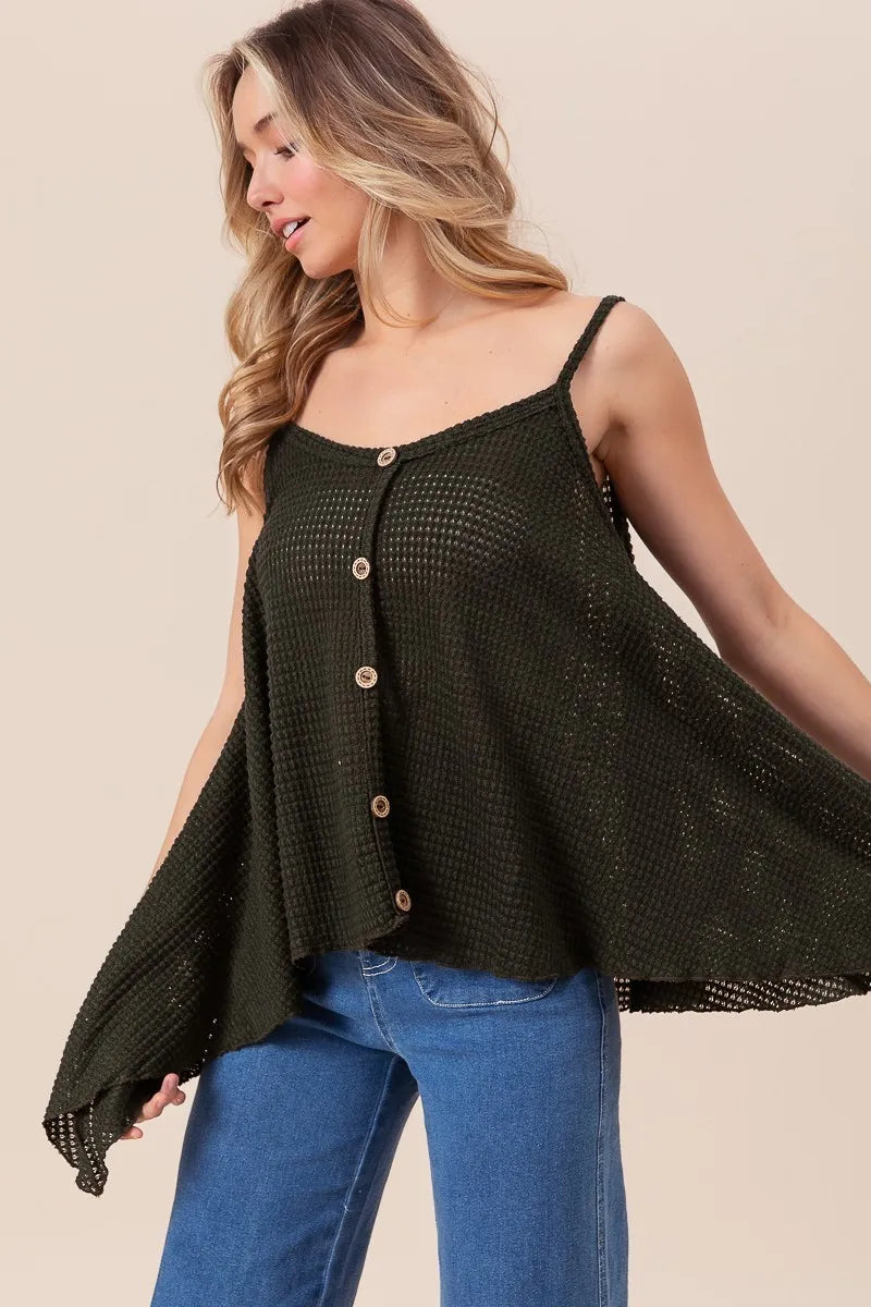 Image of BiBi Popcorn Waffle Knit with Buttoned Front Cami Top | Queeble.shop