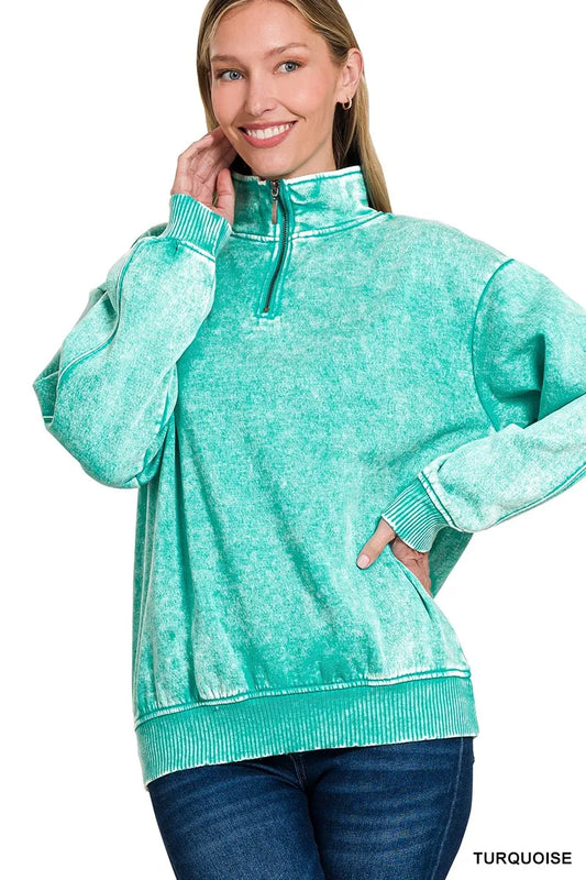 Image of Zenana Acid Wash Fleece Quarter Zip Sweatshirt | Queeble.shop