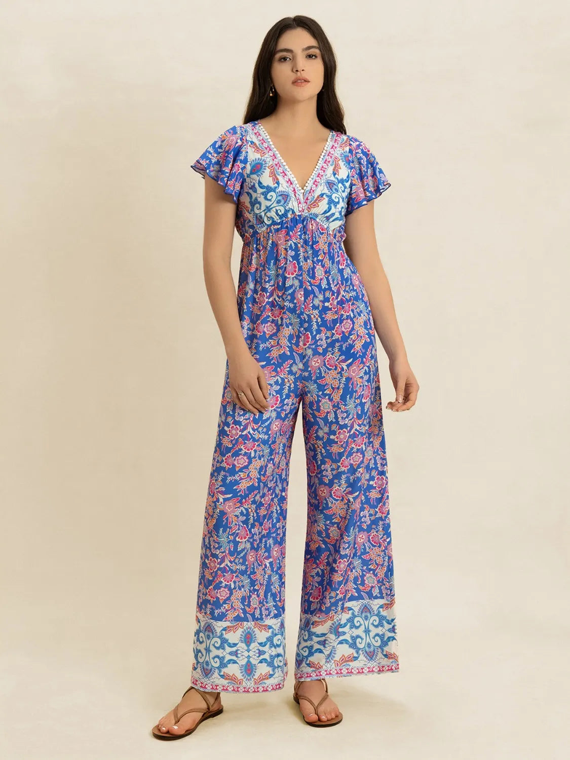 Image of Printed V-Neck Wide Leg Jumpsuit | Queeble.shop