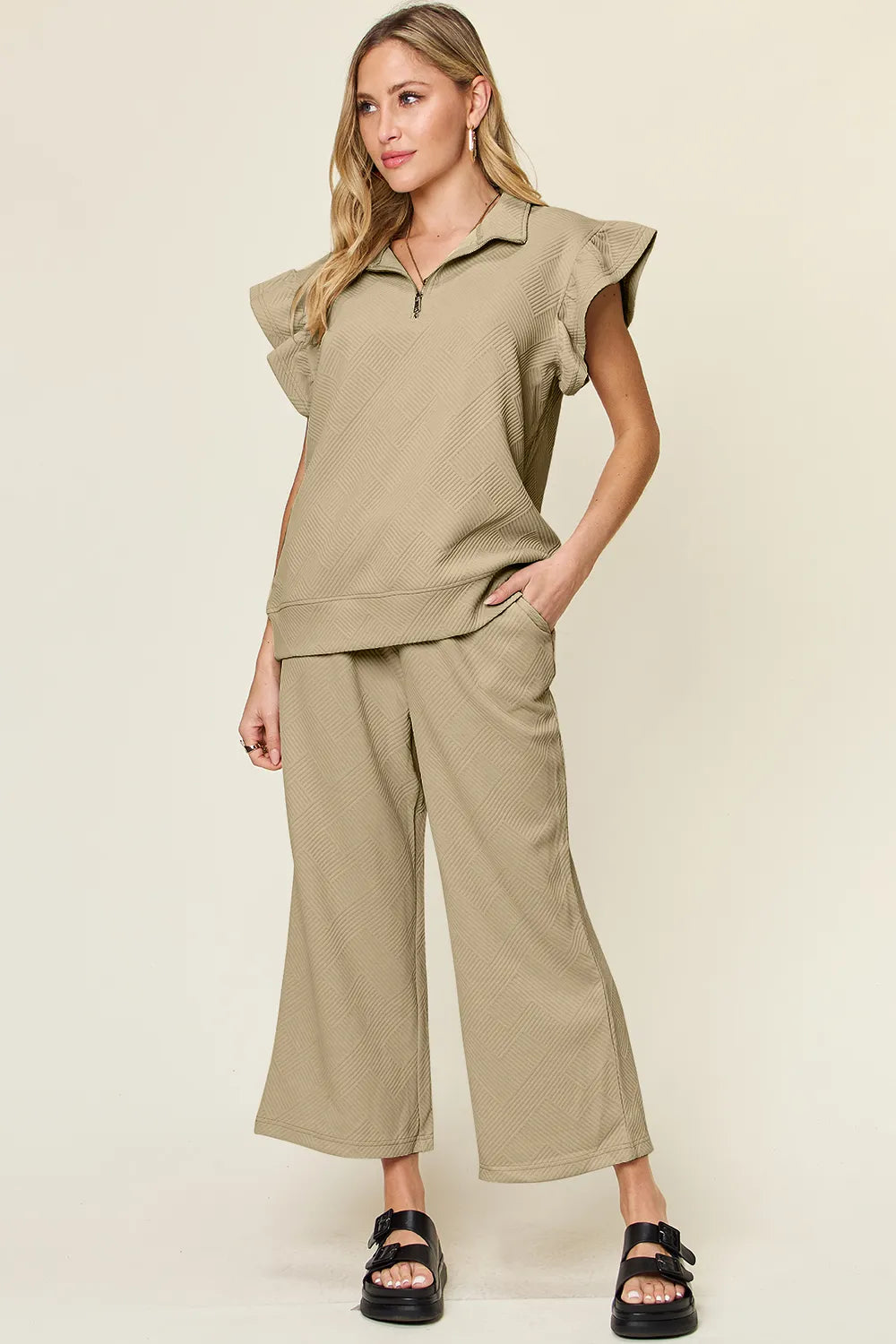 Image of Double Take Texture Ruffle Short Sleeve Top and Drawstring Wide Leg Pants Set | Queeble.shop