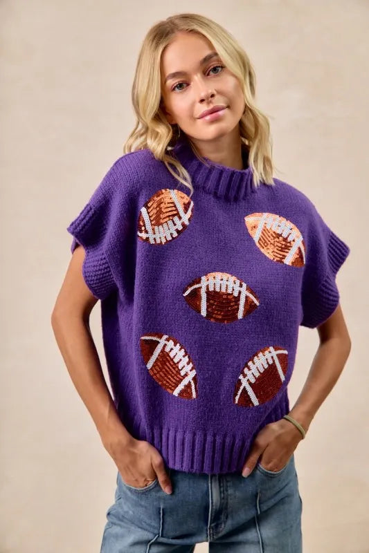 Image of BiBi Gameday Sequin Football Patches Rib Banded Sweater | Queeble.shop