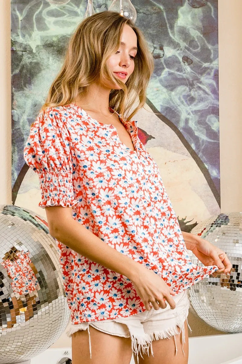 Image of BiBi Floral Jqd Smoked Puff Sleeves V Neck Top | Queeble.shop
