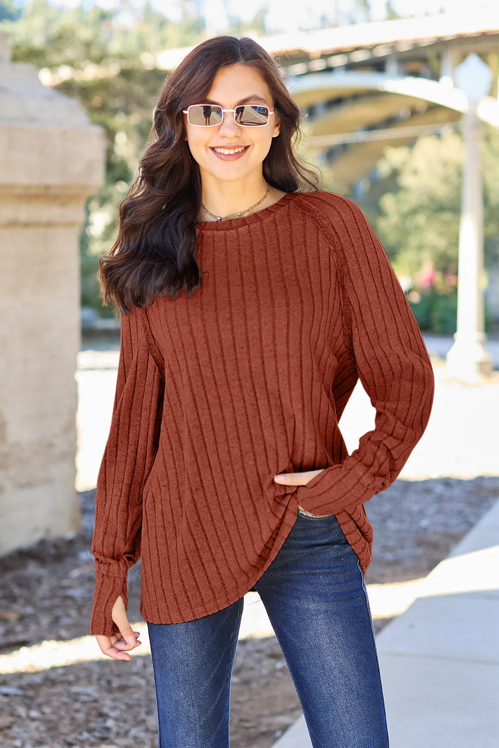Image of Basic Bae Full Size Ribbed Round Neck Long Sleeve Knit Top | Queeble.shop