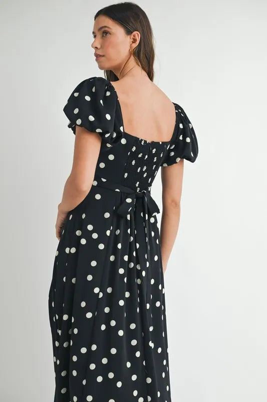 Image of MABLE Polka Dot Puff Sleeve Midi Dress | Queeble.shop