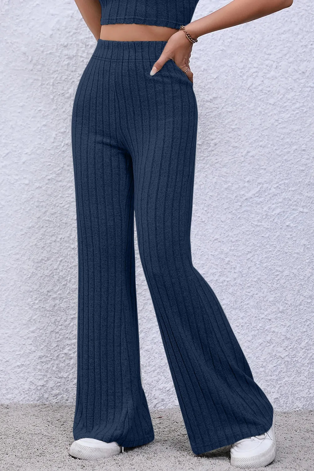 Image of Basic Bae Full Size Ribbed High Waist Flare Pants | Queeble.shop