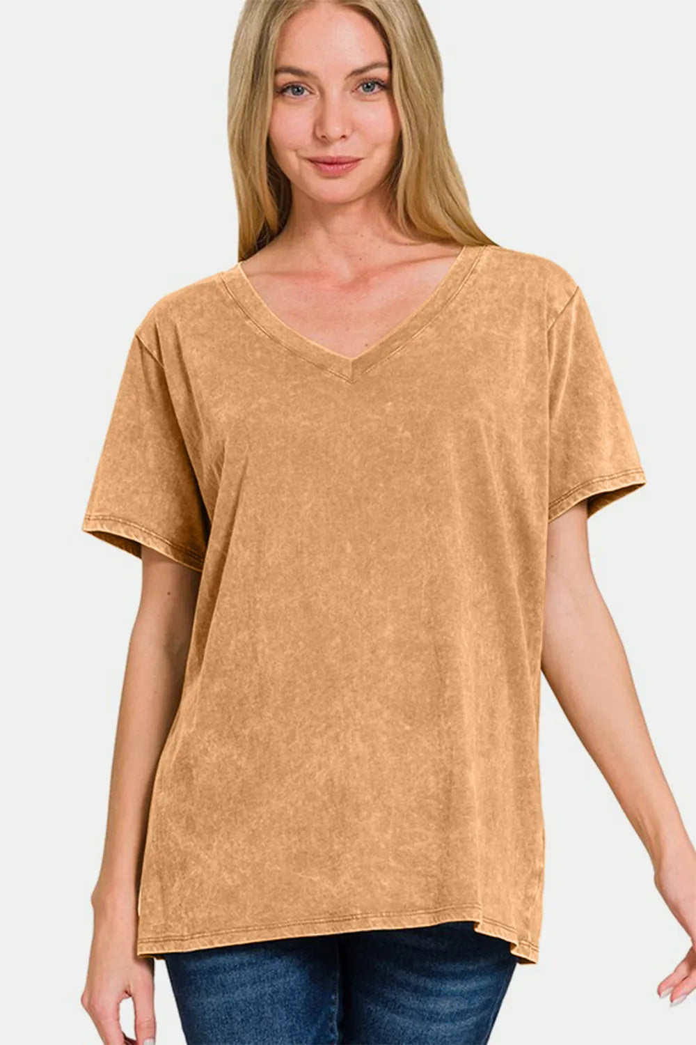 Image of Zenana Full Size Washed Short Sleeve V-Neck T-Shirt | Queeble.shop
