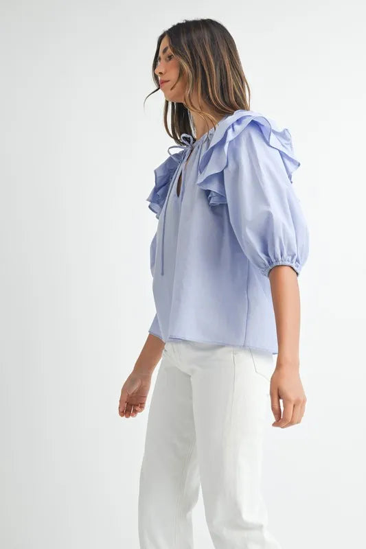 Image of MABLE Stripe Ruffle Shoulder Puff Sleeve Blouse | Queeble.shop