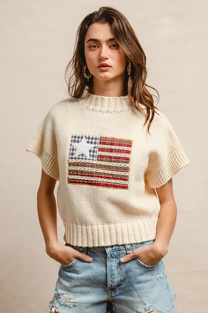 Image of BiBi American Flag Patchwork Drop Shoulder Sweater | Queeble.shop