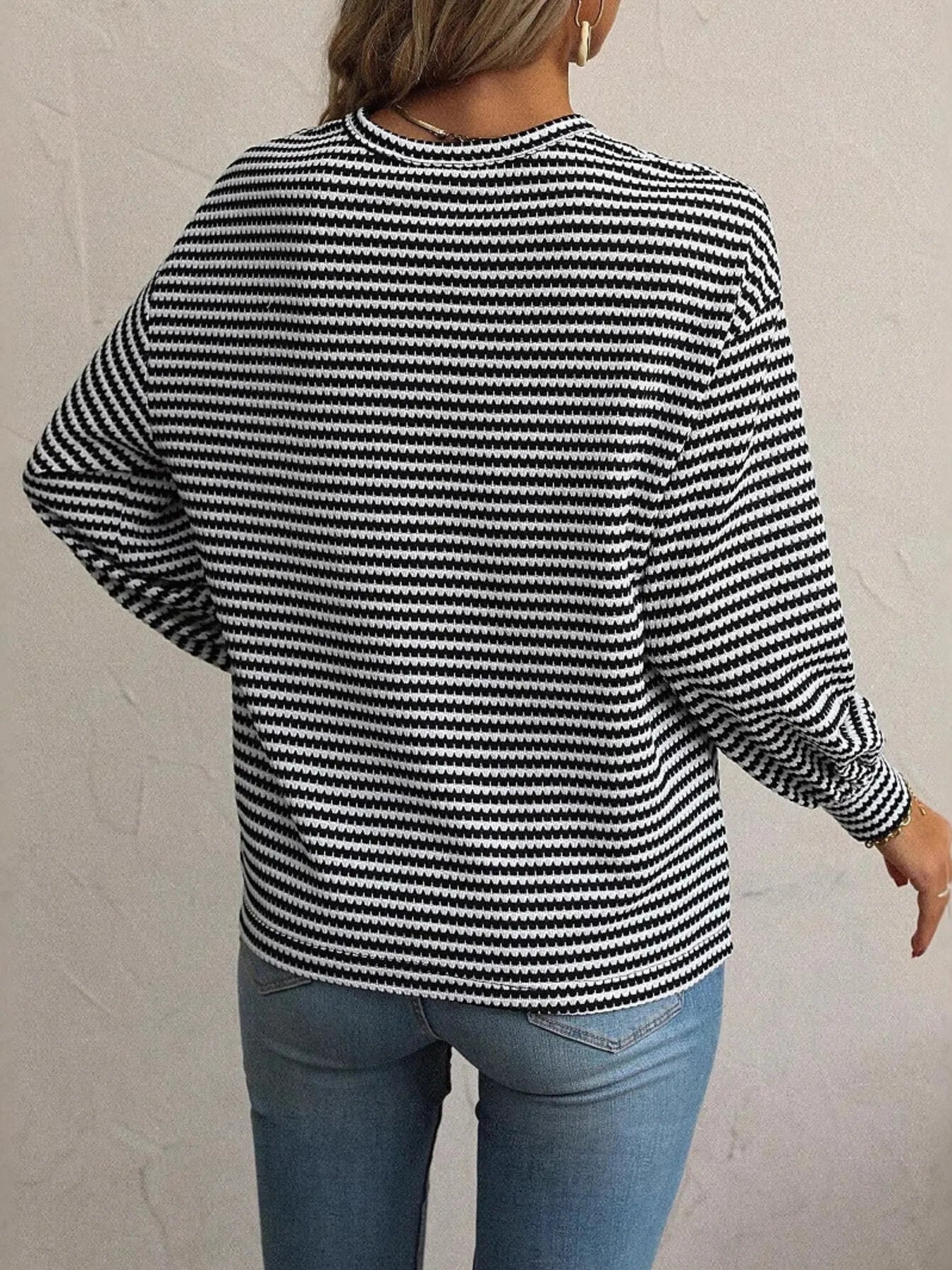 Image of Striped Round Neck Lantern Sleeve Top | Queeble.shop