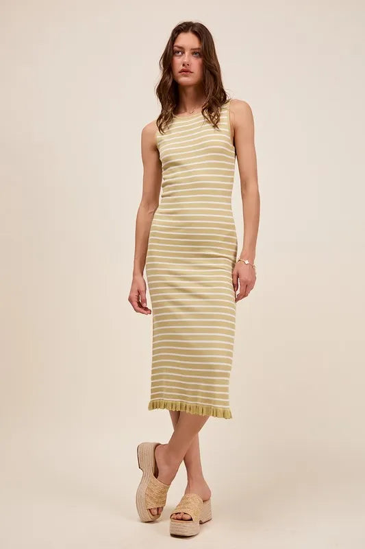 Image of SO ME Stripe Sleeveless Sweater Knit Maxi Dress With Ruffled Hem | Queeble.shop