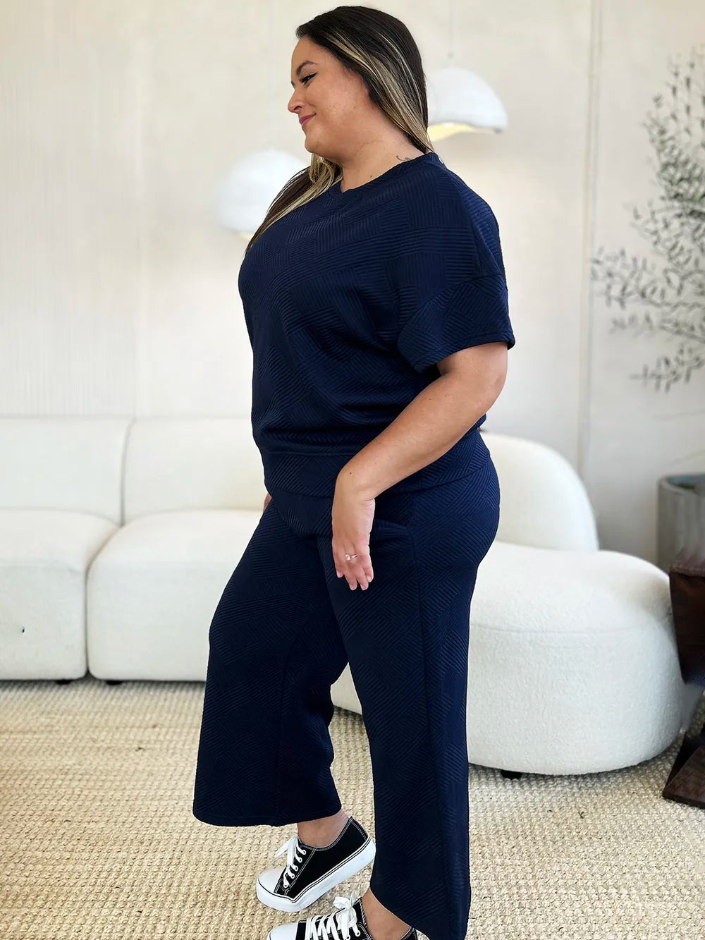 Image of Double Take Full Size Texture Short Sleeve Top and Pants Set | Queeble.shop