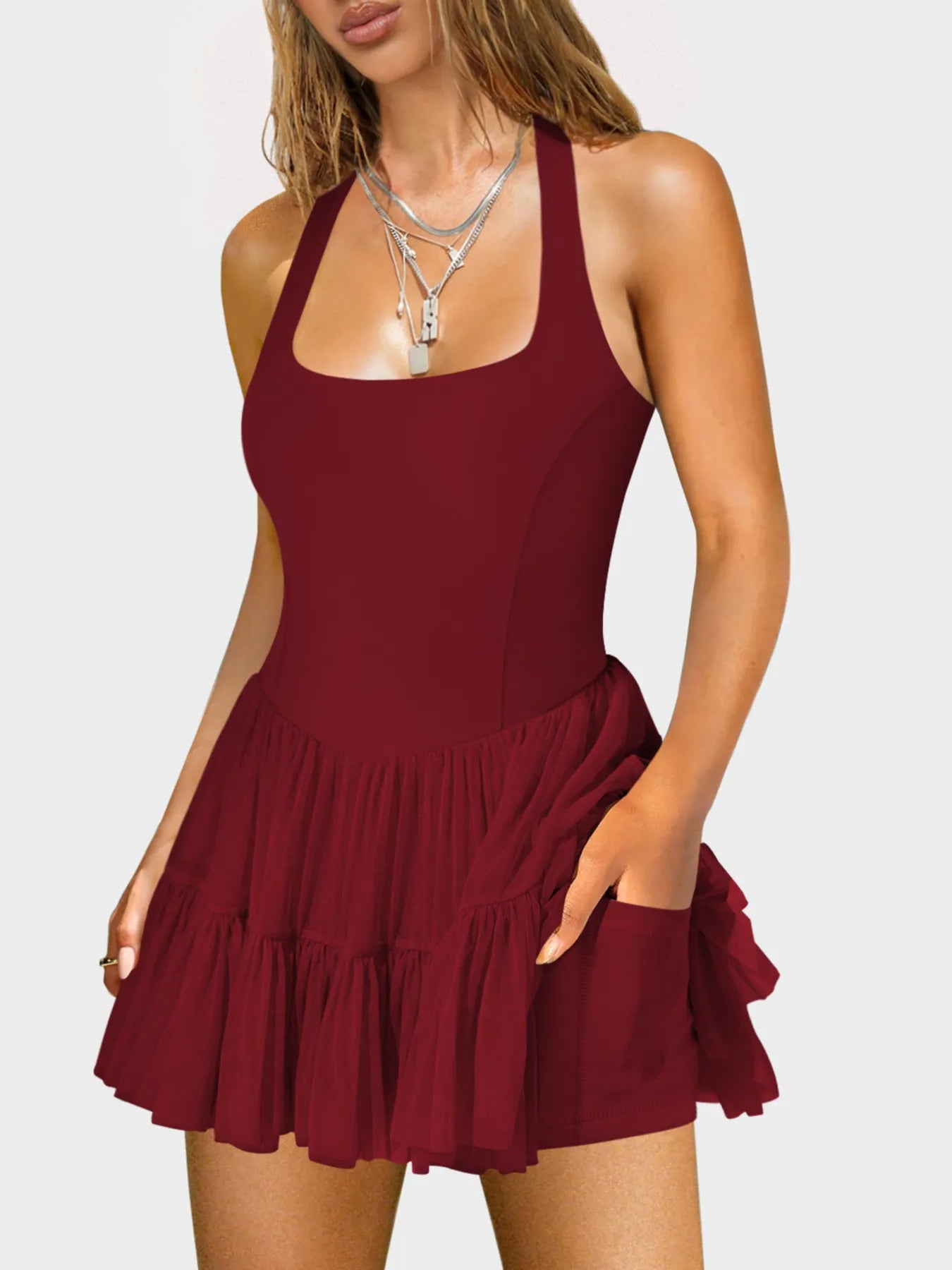Image of Crisscross Back Square Neck Mini Dress | Queeble.shop