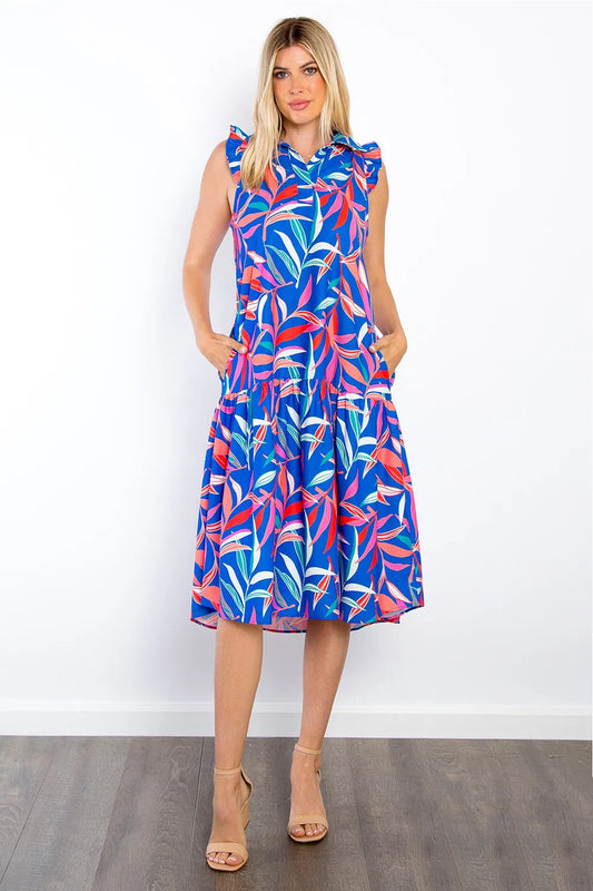 Image of Be Stage Print Ruffled Midi Dress with Pockets | Queeble.shop