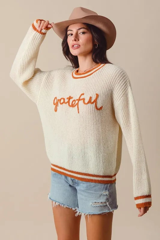 Image of SO ME Thanksgiving Grateful Lettering Stitch Sweater | Queeble.shop