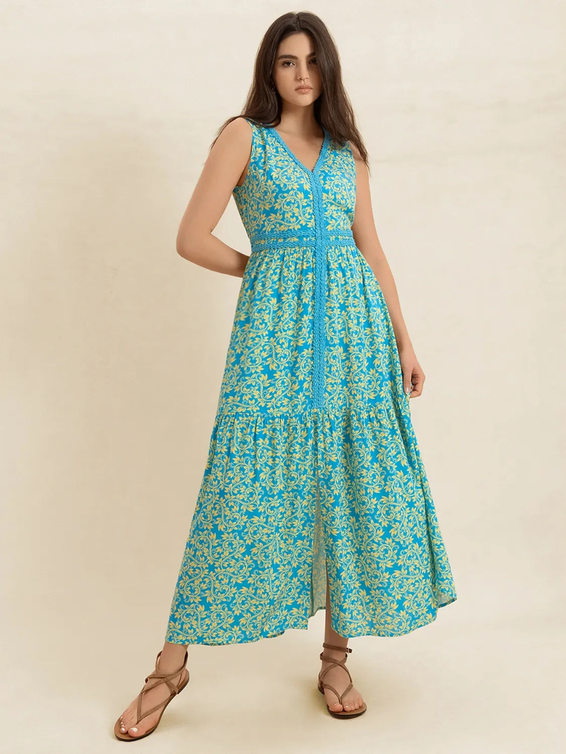 Image of Slit Printed V-Neck Sleeveless Dress | Queeble.shop