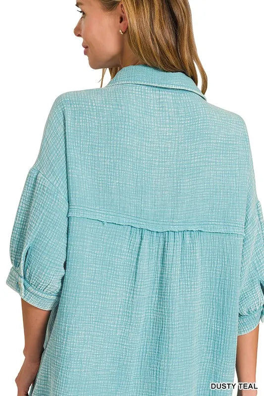 Image of Zenana Washed Double Gauze Button Down Shirt Dress | Queeble.shop