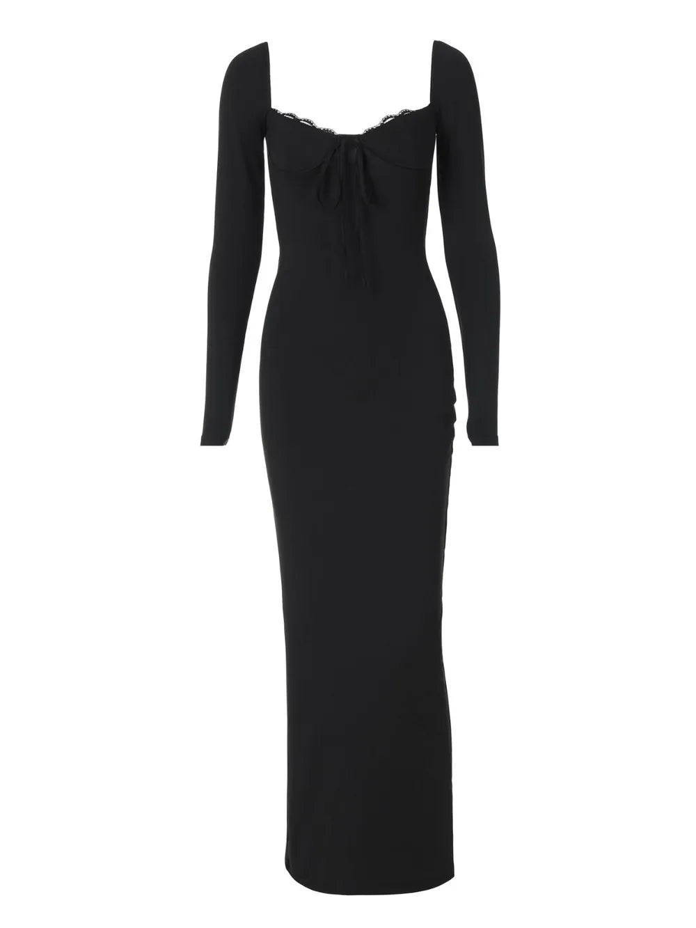 Image of Devine Slit Lace Detail Sweetheart Neck Long Sleeve Maxi Dress | Queeble.shop