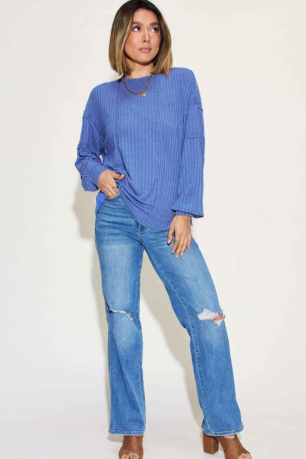 Image of Basic Bae Full Size Ribbed Round Neck Long Sleeve T-Shirt | Queeble.shop